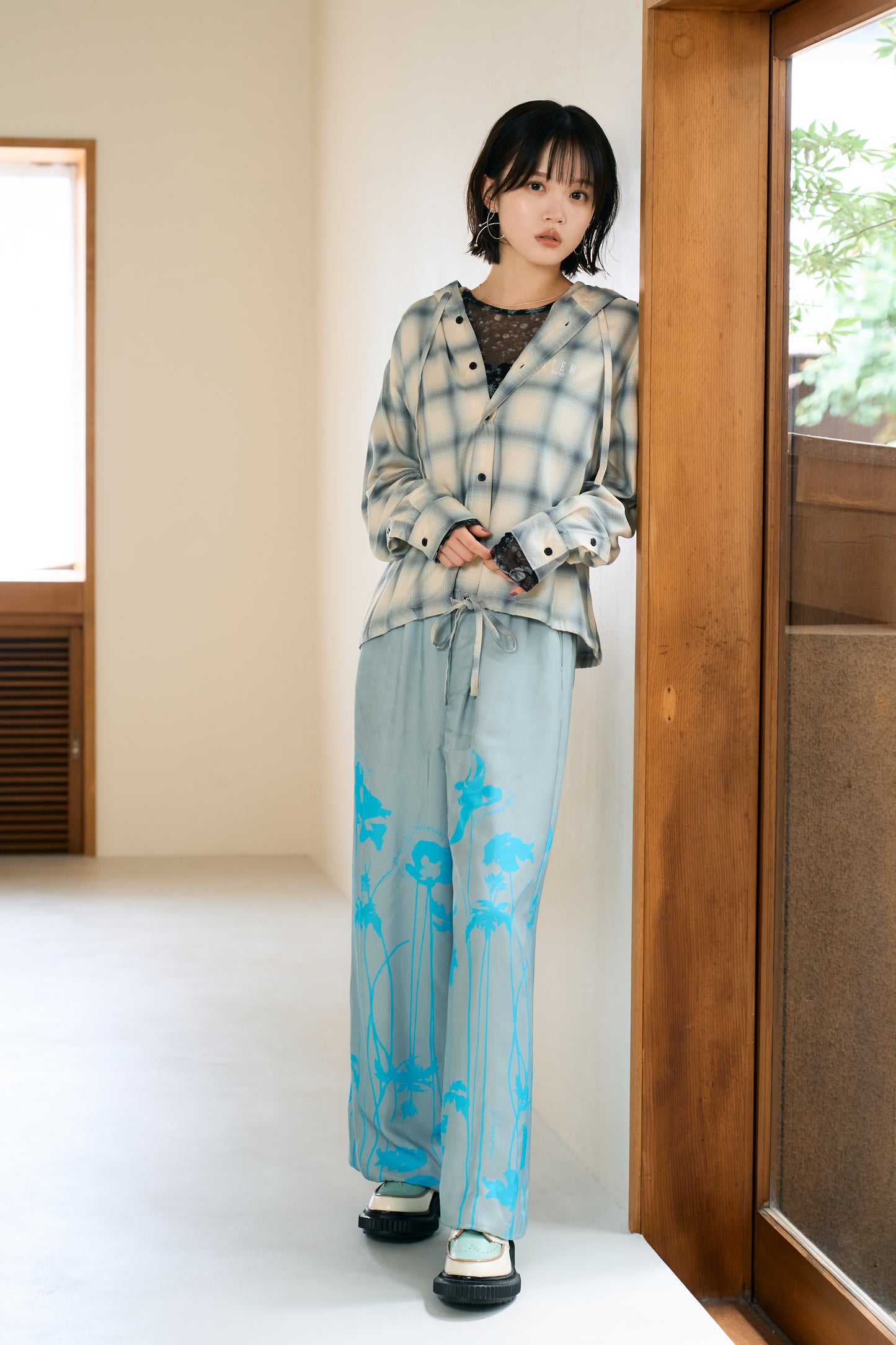 hooded check over shirt（blue）
