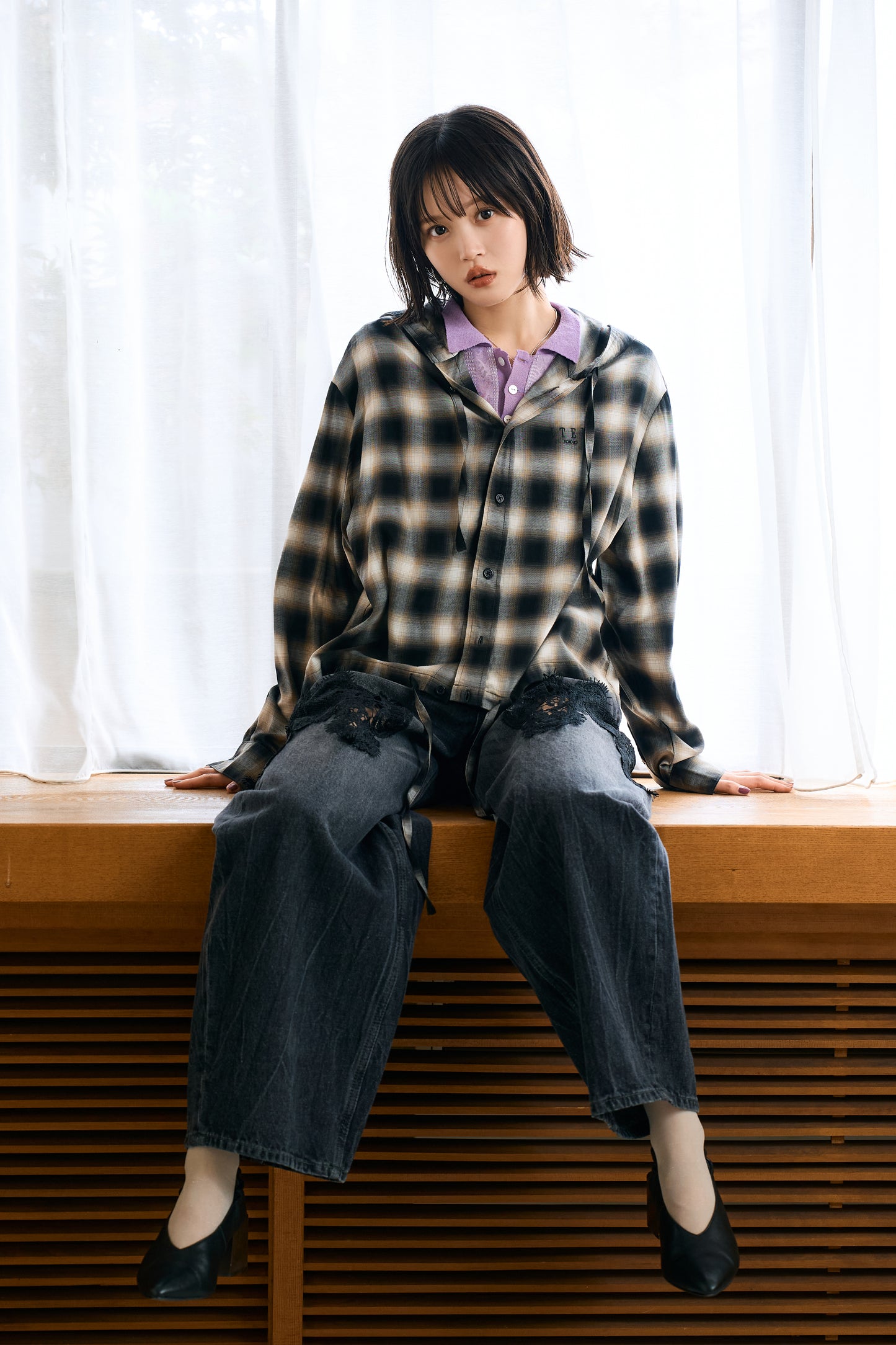 hooded check over shirt（black）