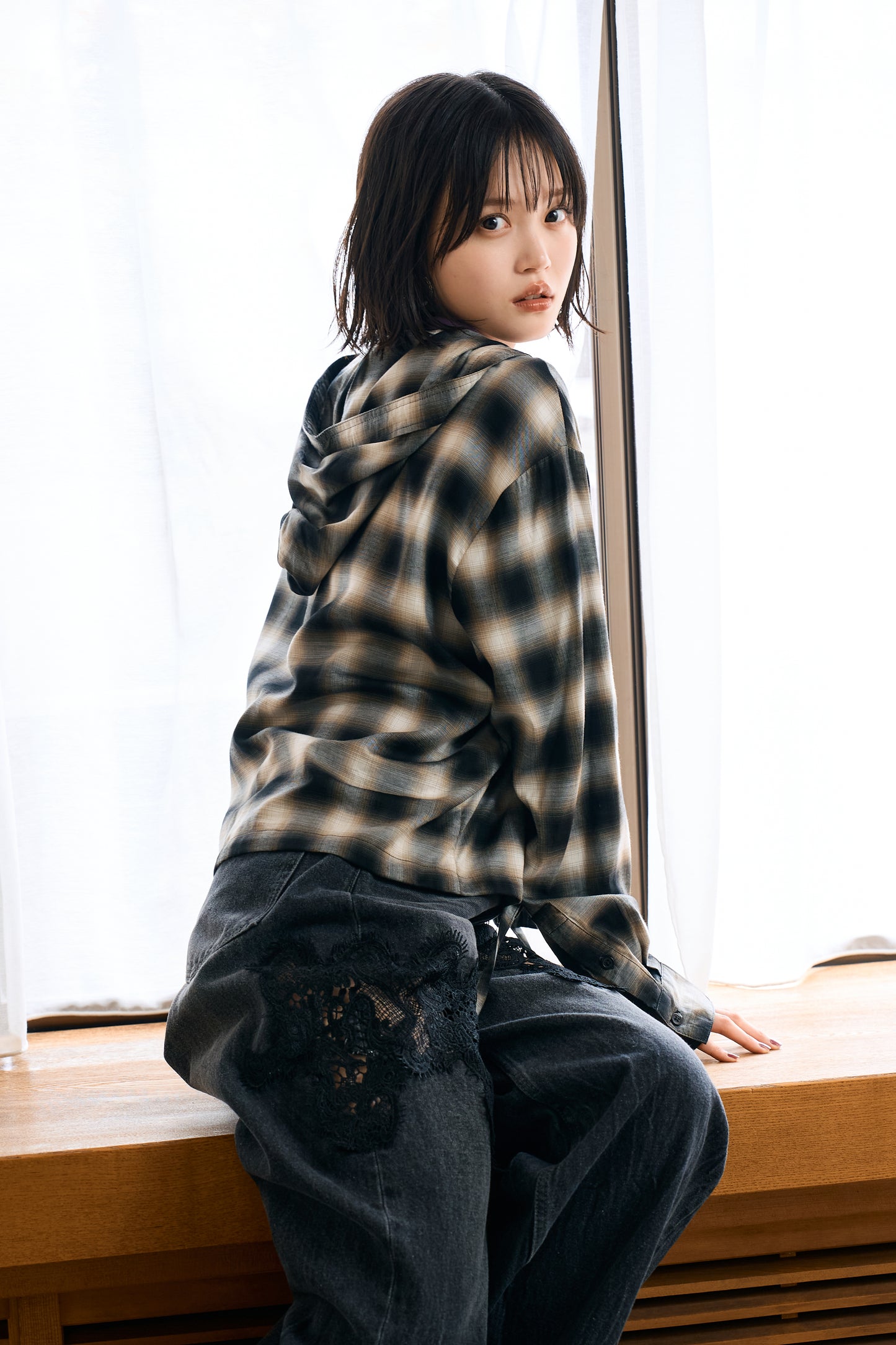 hooded check over shirt（black）
