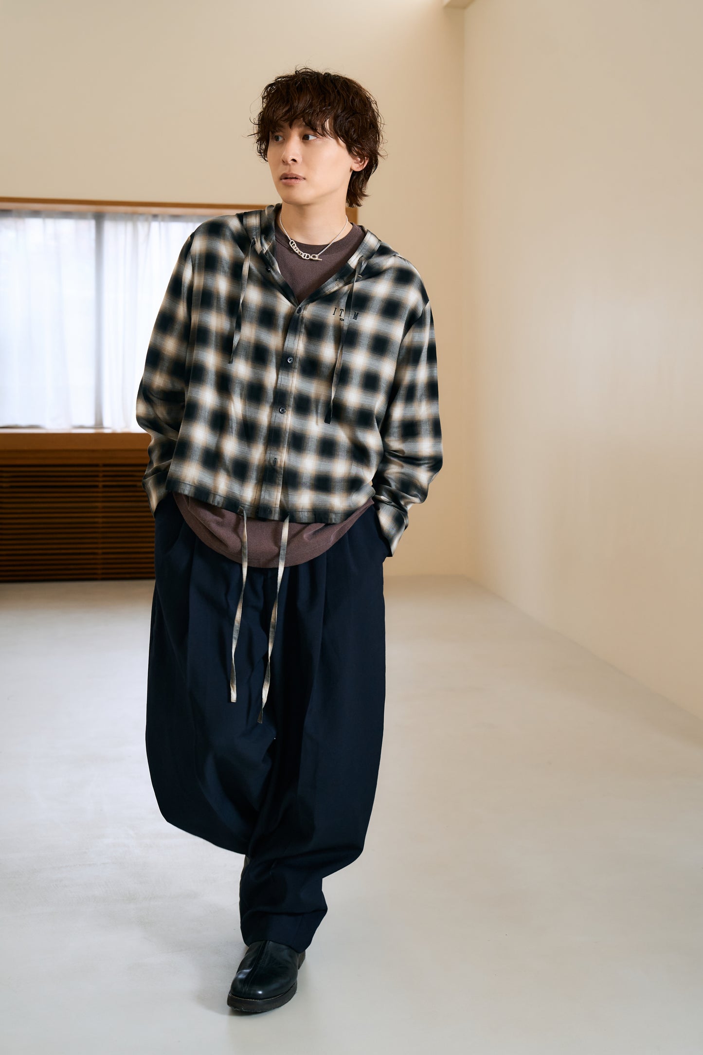 hooded check over shirt（black）