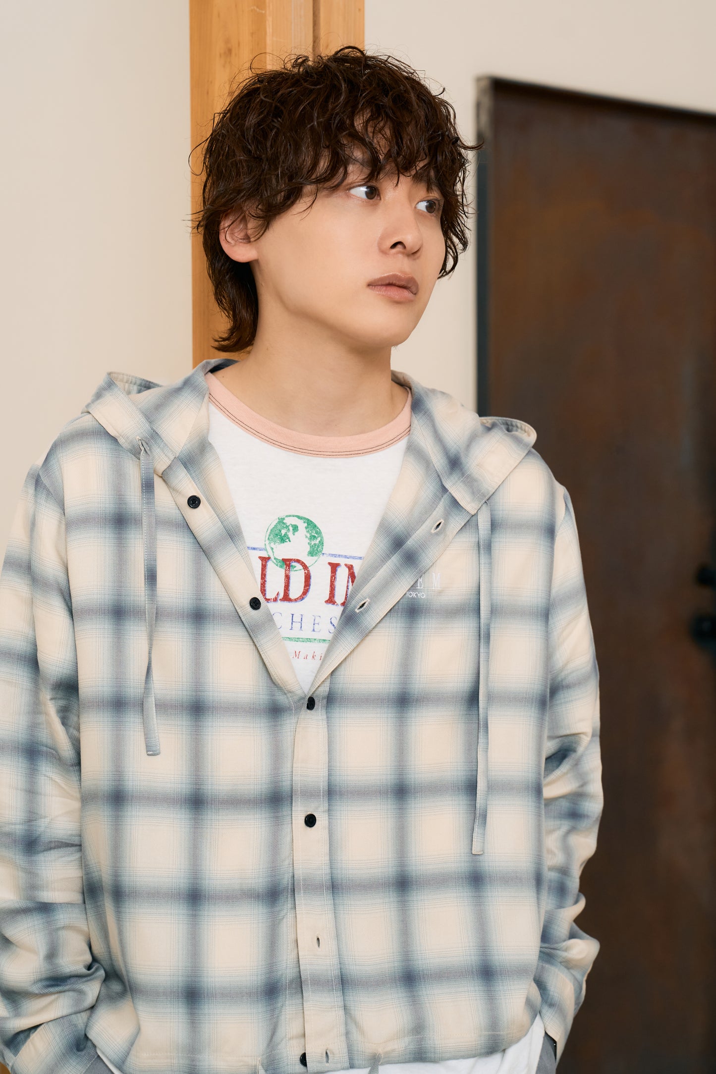 hooded check over shirt（blue）
